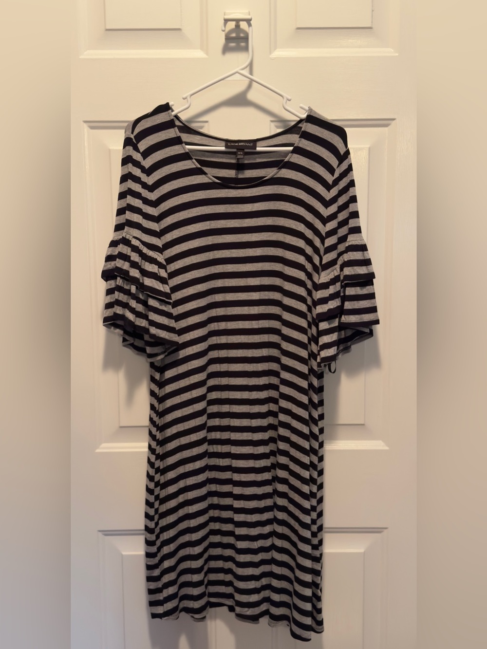 Lane Bryant Striped Black and Gray Ruffle-Sleeve Women's Dress